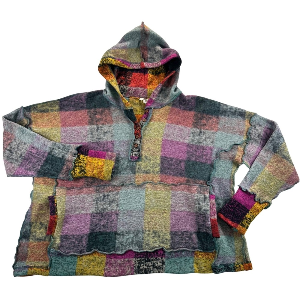 BIBI Womens Large Multicolor Plaid Patchwork Henley Oversized Hoodie Sweater - Picture 2 of 15